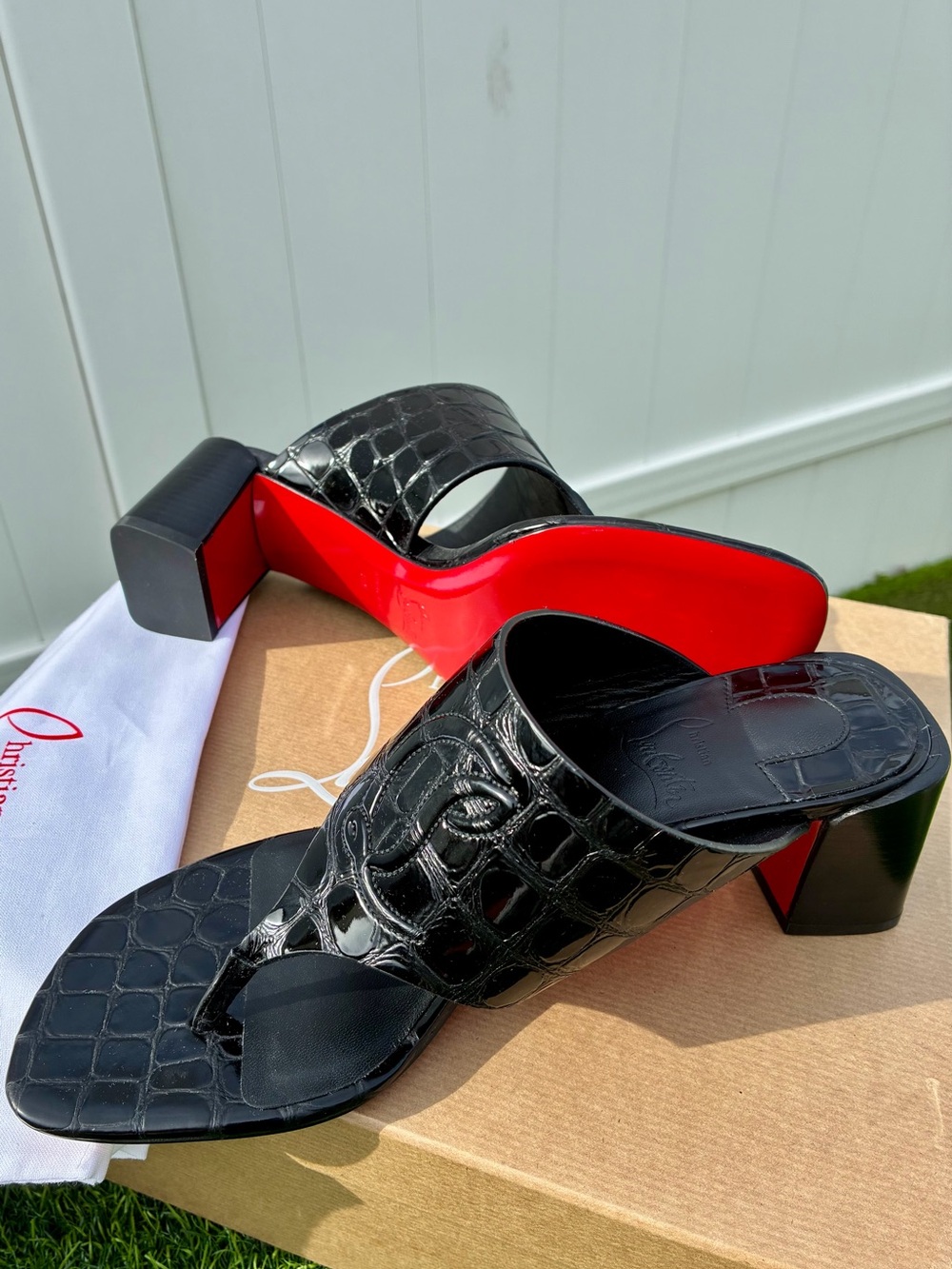 CHRISTIAN LOUBOUTIN CL TONGAMULE SANDALS LOGO BLACK CROC LEATHER SZ 38.5 NEW - Picture 13 of 16